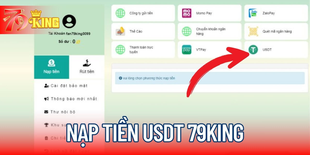 Nạp tiền USDT vào tài khoản 79KING